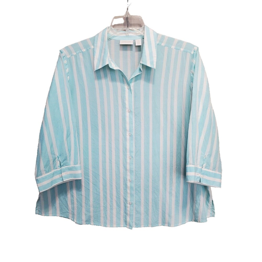 Chico's Blue Striped Cotton/Silk 3/4 Sleeve Lightweight Button-Up Shirt 3 (XL)